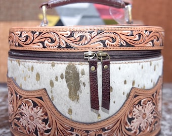 Hair-On Cowhide Leather Makeup Bag: Hand-Tooled Velvet Lined Cosmetic Pouch