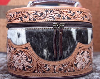 Hair-On Cowhide Leather Makeup Bag: Hand-Tooled Velvet Lined Cosmetic Bag