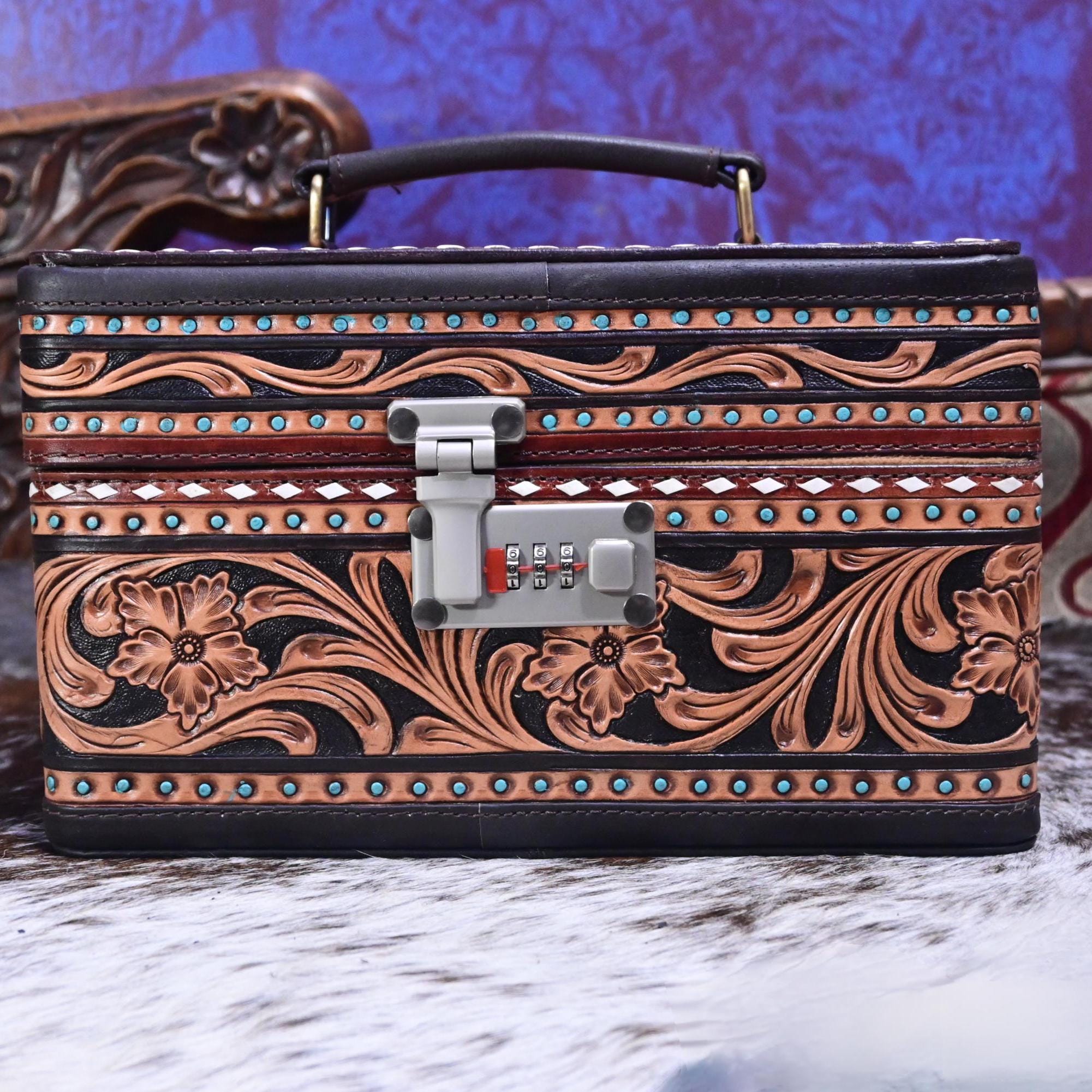 Handmade Tooled Leather Jewelry Box: Velvet Lined Organizer