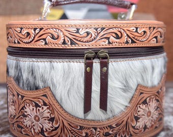 Hair-On Cowhide Leather Makeup Bag: Hand-Tooled Velvet Lined Cosmetic Bag