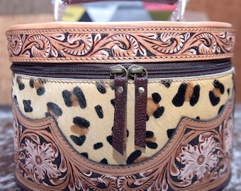 Hair-On Cowhide Leather Makeup Bag: Hand-Tooled Velvet Lined Cosmetic Pouch