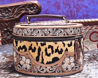 Hand Tooled Leather Makeup Train Case: Hair-On Cowhide, Velvet Lined