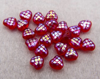 Czech Beads, Heart, 22 beads, Glass Beads, Red Transparent with Shimmer, 6 x 5 mm #724