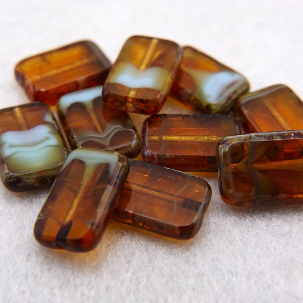 Czech Beads, Kachel, Rechteck, Glass Beads, Braun Türkis Transparent, 10 Perlen, 12 x 8 mm #474