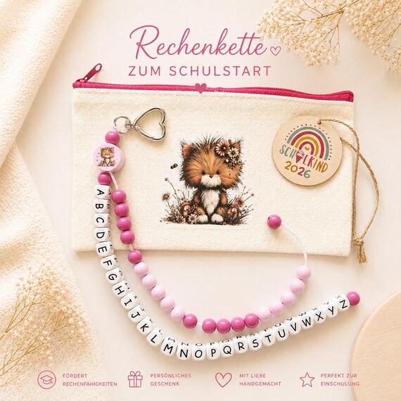 Personalisierte ABC- und Rechenkette mit Namen aus Holz, Einschulung, Anhänger