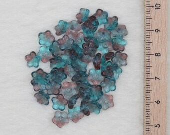 Czech Glass Beads, 50 Perlen, Blumen, Perlenkappen, Transparent, Blau/Rot 7 mm #158