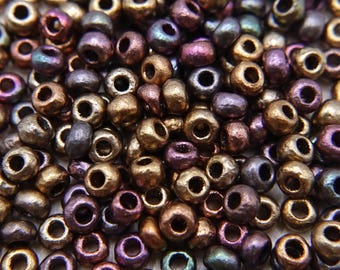 240 EUR/kg, Czech Beads, 10 g, Glass Seed Beads, Rocailles 6/0, Etched Purple Iris Gold #2055