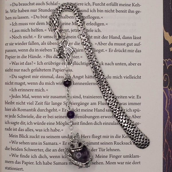 1x Buchlesezeichen Drache, Geschenkeverpackung, Bookmark Fantasy, Edelsteine, Amethyst #365