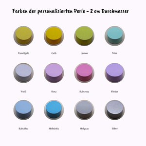 K&ouml;nnte beinhalten: Eine Farbkarte mit zw&ouml;lf runden Perlen mit einem Durchmesser von 2 cm. Die Farben umfassen Pastellgelb, Gelb, Lemon, Mint, Wei&szlig;, Rosa, Babyrosa, Flieder, Babyblau, Hellt&uuml;rkis, Hellgrau und Silber, mit Beschriftungen unter jeder Perle.