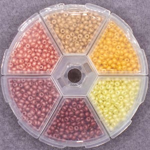 150 EUR/kg, scatola con 6 colori di perline di vetro ceco PRECIOSA Perma Lux da 10 g, Rocailles 8/0 #1440