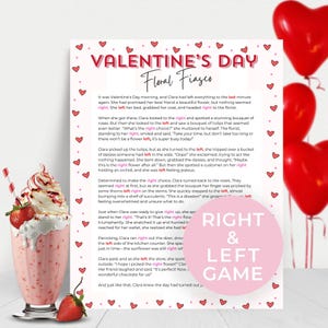 Puede incluir: Un juego de San Valentín imprimible en rosa y blanco con el texto "Valentine's Day Floral Fiasco" y "Right & Left Game". El juego es una historia con instrucciones para elegir "right" o "left" para ver qué sucede después.
