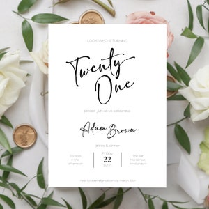 Modèle simple d'invitation pour 21e anniversaire, téléchargeable, invitation électronique minimaliste, modifiable numériquement, imprimable Invitez-le blanc noir, MPP001