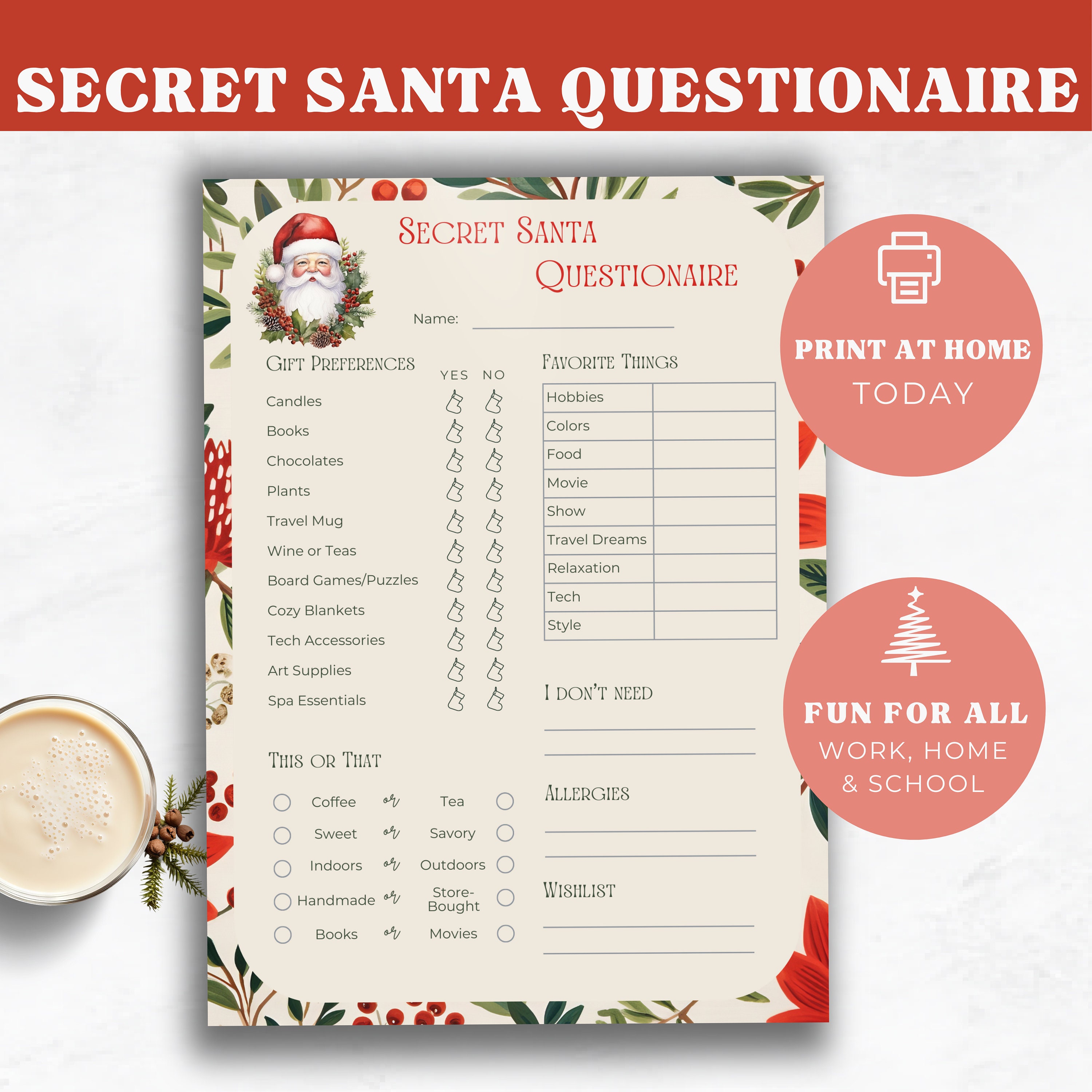 Secret Friend Forms Printable Secret Santa Questionnaire Form PDF, for Office Coworkers ...