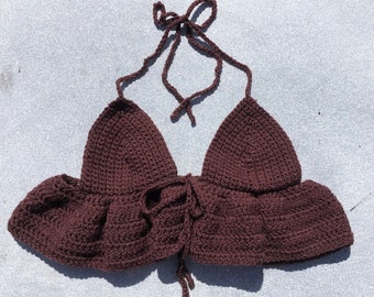 Top dos nu marron au crochet, haut nuisette marron, réglable à l'avant et à l'encolure avec des liens, coupes et XS ou S, pièce unique