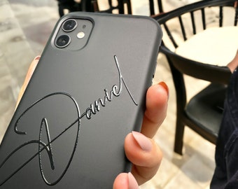 Personalized iPhone Case: Embossed Name Black Silicone Phone Cover
