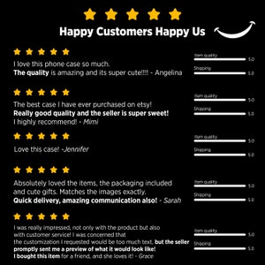 May include: Five customer reviews with five-star ratings for a phone case. The reviews highlight the quality of the product, the seller's responsiveness, and the overall positive experience. The reviews include text from customers, such as "I love this phone case so much. The quality is amazing and its super cute!!!" and "Really good quality and the seller is super sweet! I highly recommend!"