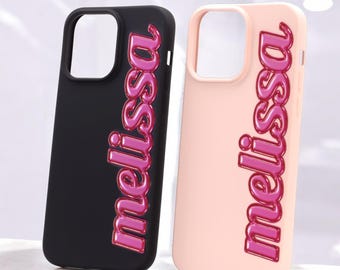 Funda de silicona para iPhone con nombre personalizado y letras rosas en relieve