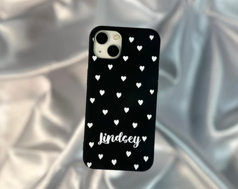Funda de teléfono personalizada con forma de corazón: silicona negra brillante, nombre personalizado