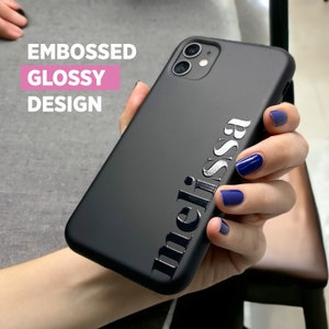 Custodia per iPhone personalizzata con silicone nero lucido goffrato, custodia per telefono personalizzata con nome, custodia per telefono per iPhone SE, 11, 12, 13, 14, 15