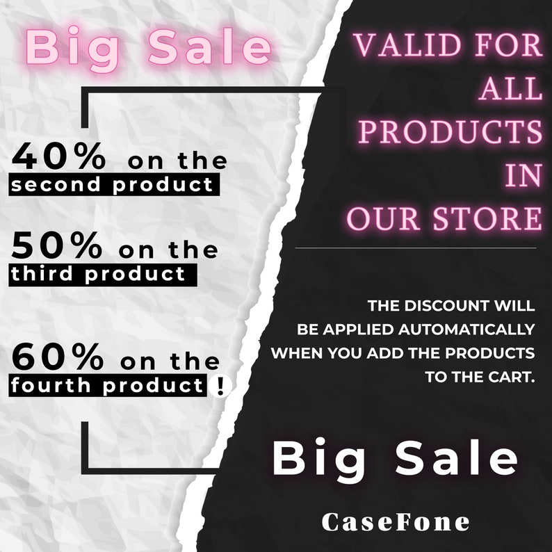 May include: A black and white graphic with a torn paper effect. The left side of the image is white with black text that reads "Big Sale" and lists discounts for the second, third, and fourth products. The right side of the image is black with pink text that reads "VALID FOR ALL PRODUCTS IN OUR STORE" and "THE DISCOUNT WILL BE APPLIED AUTOMATICALLY WHEN YOU ADD THE PRODUCTS TO THE CART." The bottom of the image reads "Big Sale" in pink text and "CaseFone" in white text.