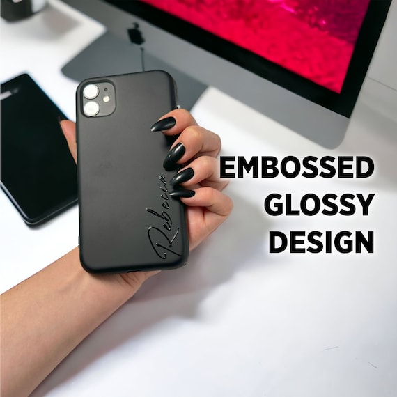 Custom Embossed Glossy iPhone Case: Personalized Black Silicone Phone Cover