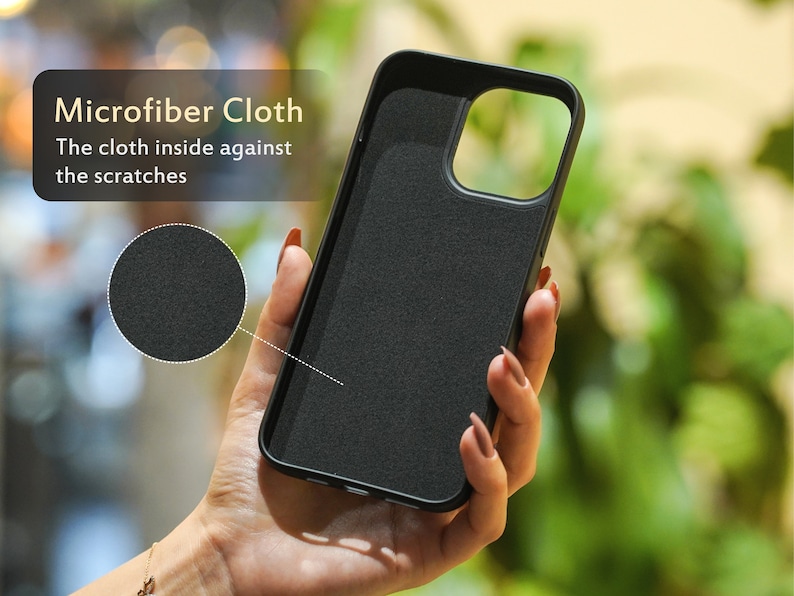 May include: Black phone case with a microfiber lining to protect the phone from scratches. The case has a textured surface and a cutout for the camera lens.