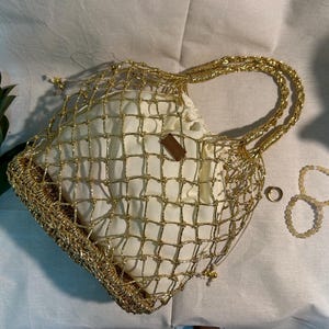 Sacs à main durables dorés et argentés, sac en macramé, bohème, sac en filet noué, filet à provisions, sac en filet, sac en macramé.