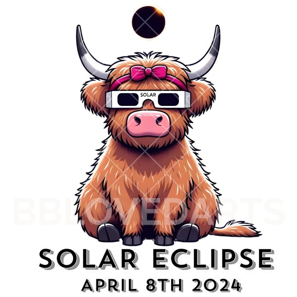 Highland Cow Solar Eclipse 2024 Digital Art - Printable PNG Files with Transparent Background for Home Decor and Gifts - 300 DPI Resolution