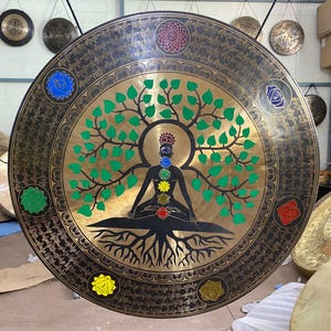 High Quality Tree of life Seven Chakra Carved Gongs from Nepal - Mantra Carved Sound Healing Meditation yoga gong - Temple Bells with mallet