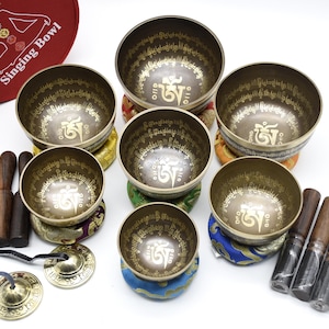 Mantra Carved Tibetan Singing Bowl set of 7 - Chakra Balancing Healing Meditation yoga therapy Bowls - Singing Bowl with stick cushion case