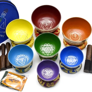 Tibetan Singing Bowl set of 7 - Nepalese Sound Healing Singing Bowl mallet cushion carry case and prayer flag includes - ships from Nepal