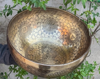 12 inch Green Tara Mother of Liberation - Tibetan Mantra flower of life carved Singing Bowls - Head therapy Sacred Sound Healing meditation