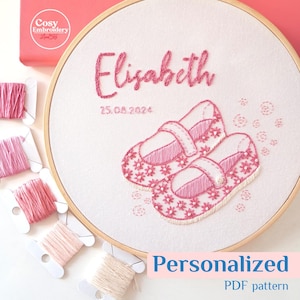 Personalized Baby Name Embroidery Pattern PDF Custom Pink Floral Girl Shoes Design Nursery Wall art DIY Birth Announcement Handmade Hoop Art