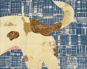May include: A stylized illustration of a dog with a brown and white patterned tail, set against a blue and white patterned background.