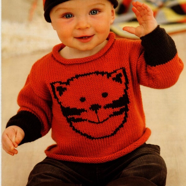 Babies & Children Tiger Sweater Jumper Hat Bootees Knitting Pattern Birth to 6 Years DK Double Knit - Digital Download
