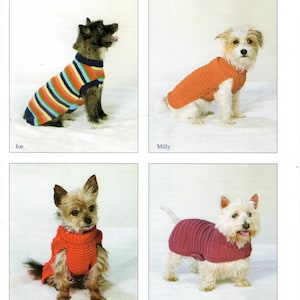 May include: Image of four small dogs wearing hand-knitted sweaters. The sweaters are in various colors, including striped, orange, and burgundy. The text reads "Hand Knitted Coats and Sweaters for Small Dogs" and "To Fit Lengths 25-36 CM".