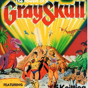 Puede incluir: Una ilustración vintage de He-Man y She-Ra, personajes de la franquicia Masters of the Universe, de pie frente a un volcán. La imagen presenta el texto "The Powers of Gray Skull" y "5 Knitting patterns by Gary Kennedy (Intarsia)".