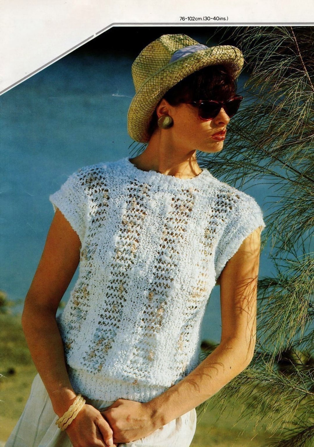 Vintage Blue & White Bow Graphic Knit Short Sleeve Jumper 6 8 10