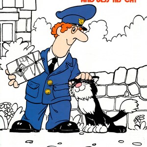 Może przedstawiać: Czarno-biała ilustracja kreskówkowego listonosza o imieniu Pat i jego kota Jess. Obrazek pochodzi z książki ze wzorami na robótki na drutach. Tekst na obrazku brzmi "Postman Pat and Jess His Cat" i "4 Knitting Patterns by Gary Kennedy (Intarsia)"