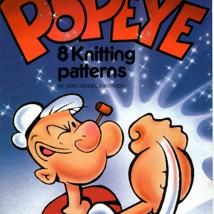 Puede incluir: Ilustración vintage de Popeye el Marino flexionando su brazo. La imagen presenta el texto "POPEYE" en letras grandes de color naranja, junto con "8 Knitting patterns". El fondo es un degradado de azul y blanco con efectos de estrellas.