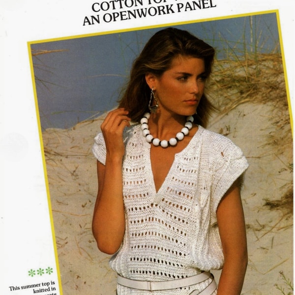 Ladies Knitted Cotton Top with Openwork Panel Knitting Pattern 32/34"-36/38" / 81/86cm-91-97cm - Digital Download
