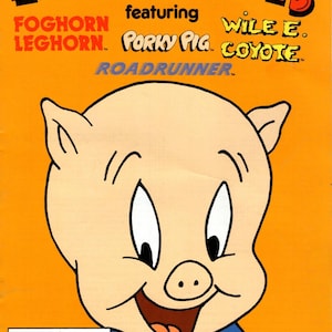Pode incluir: Um fundo amarelo com uma imagem de desenho animado do Porky Pig dos Looney Tunes. O texto "Looney Tunes featuring Porky Pig" está no topo da imagem. O texto "4 Knitting patterns for children and adults by Gary Kennedy (Intarsia UK)" está na parte inferior da imagem.