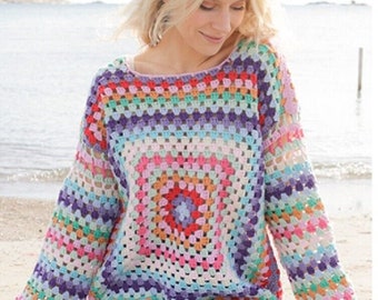 Ladies Crochet Pattern Rainbow Granny Square Stripe Jumper Drops Paris Larger Sizes 39" - 61" - Digital Download