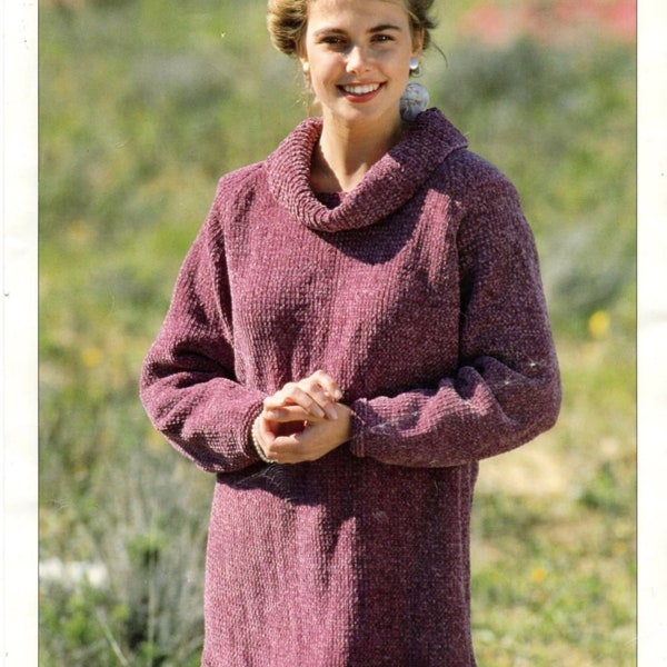 Ladies Knitting Pattern Chenille Long Cowl Neck Sweater Jumper 30" - 44" - Digital Download