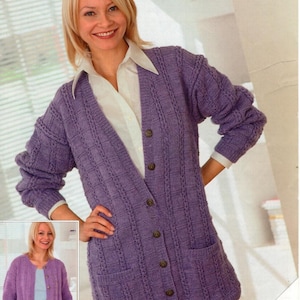 May include: A woman models a lavender cardigan, part of a knitting pattern from Country Style DK. The V-neck sweater features button fastenings and two pockets. The image includes a smaller inset photo of the same cardigan.