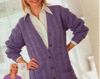 Ladies Long Line Cardigan Knitting Pattern DK Larger Sizes 32-54" -  81-137cm  Digital Download