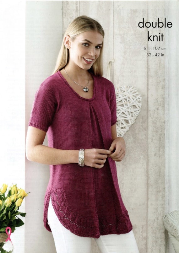 Damen Strick Kurzarm Tunika Top Pullover Strickanleitung DK