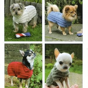 Puede incluir: Cuatro perros pequeños con abrigos de punto de varios colores. Los abrigos son blancos, azules, rojos y verdes. El texto superior dice "To fit Chest 23-38 cm" y "Double Knitting and Aran". El texto inferior dice "Knitted coats for Chihuahuas and other very small dogs."