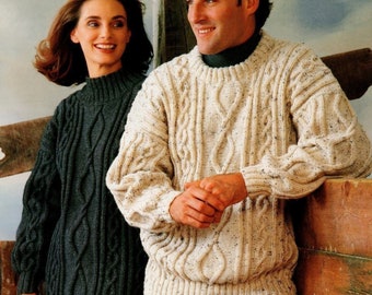 Mens & Ladies Knitting Pattern Aran Sweater Jumper 32/34" - 44/46" - Digital Download
