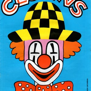 May include: A vintage book cover featuring a cartoon clown against a blue backdrop. The clown has a pink face, orange hair, and a yellow and black checkered hat. The text "CLOWNS" and "5 Knitting patterns" are displayed.